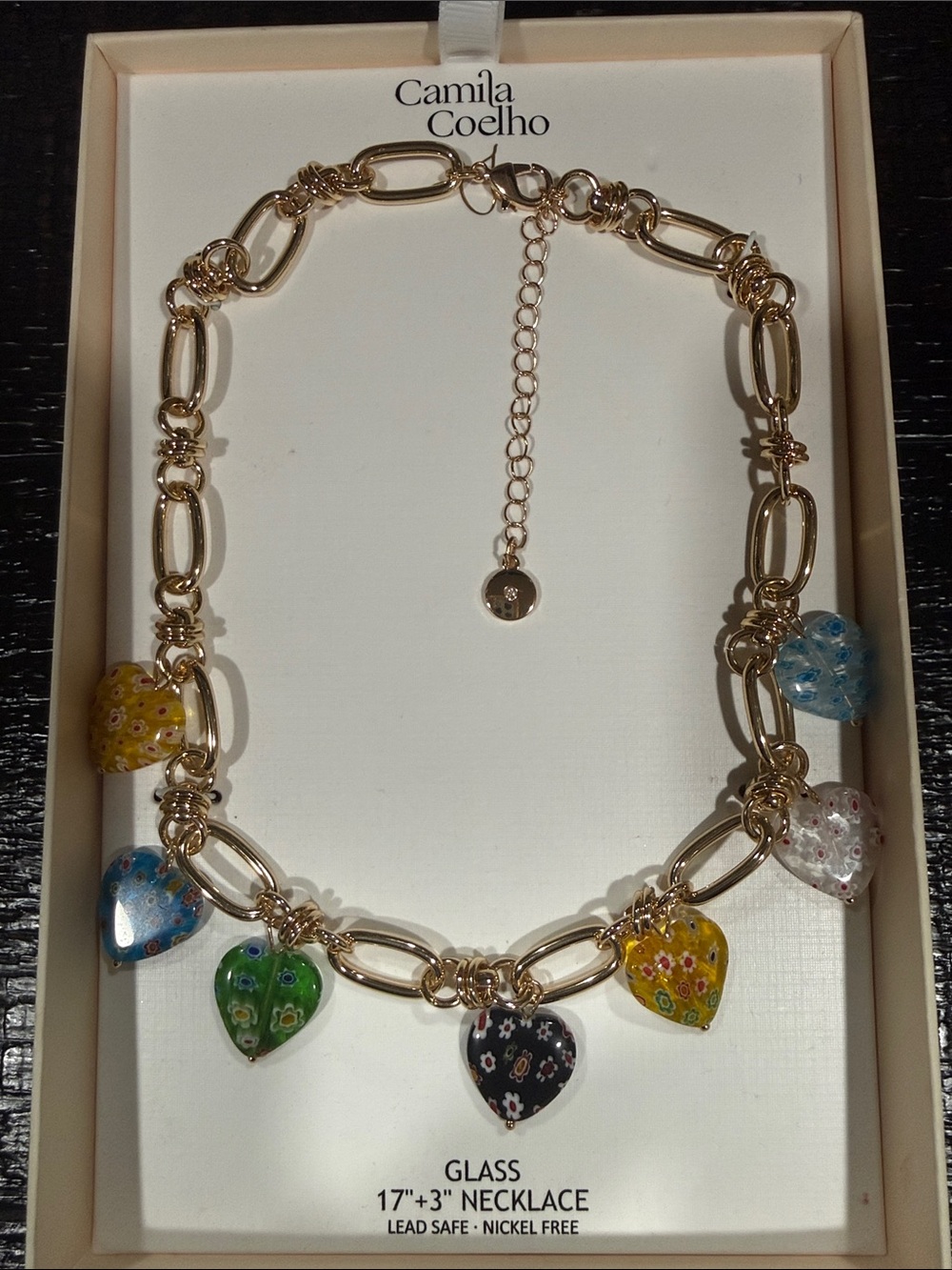 Camila Coelho Gold Chain Necklace with Multicolor Glass Heart Pendants